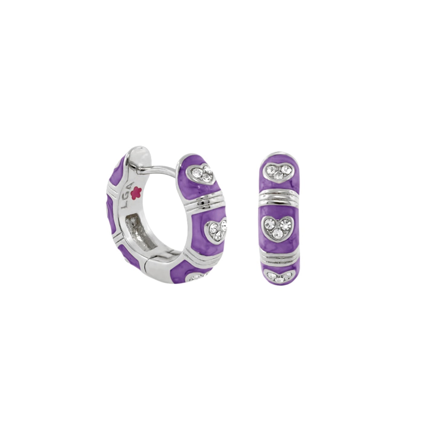 Lauren G Adams Pave Love Enamel Huggie Earrings pair in purple enamel with pave heart accents on Tampa Home & Garden Store
