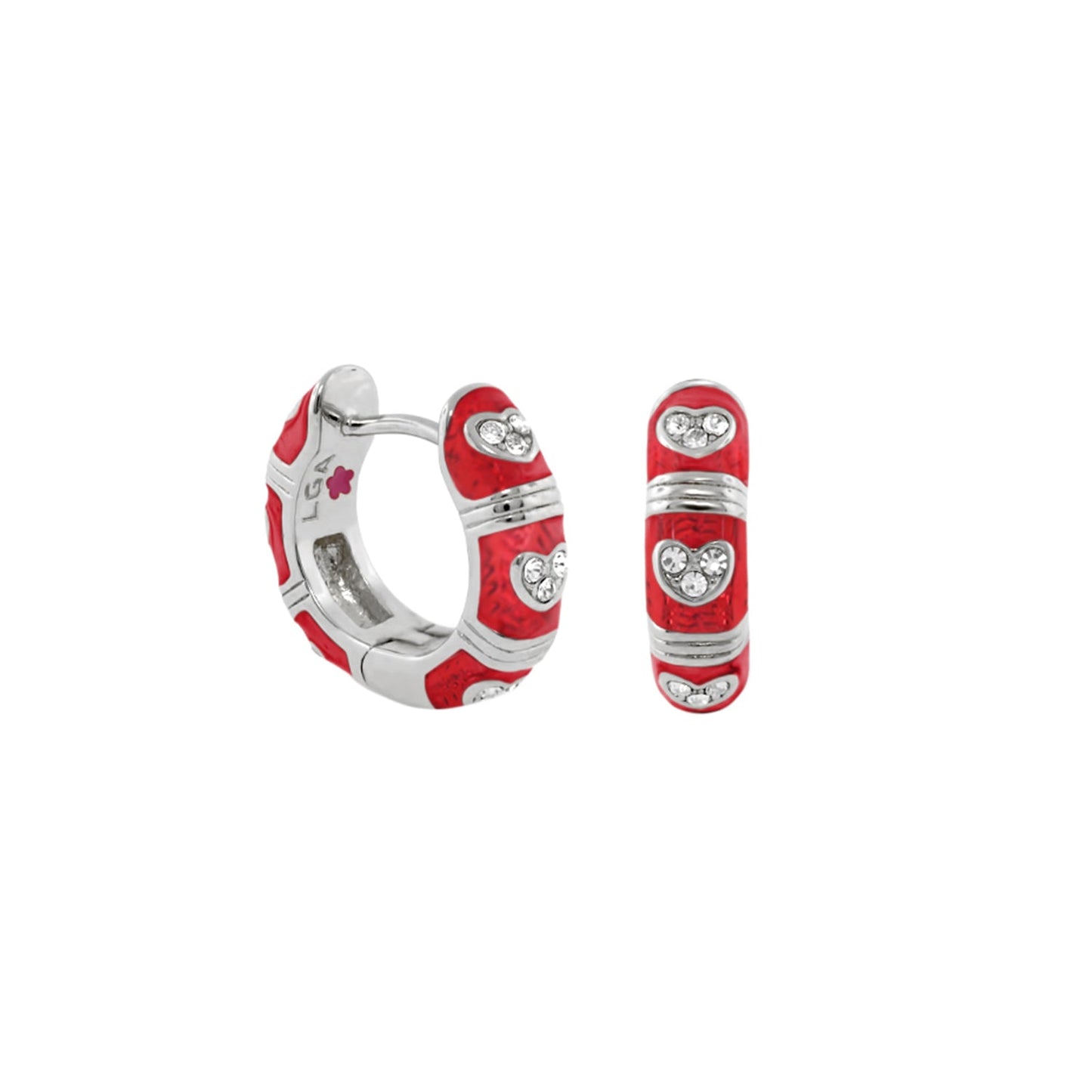 Lauren G Adams Pave Love red enamel huggie earrings with pave crystal hearts, pair on Tampa Home & Garden Store