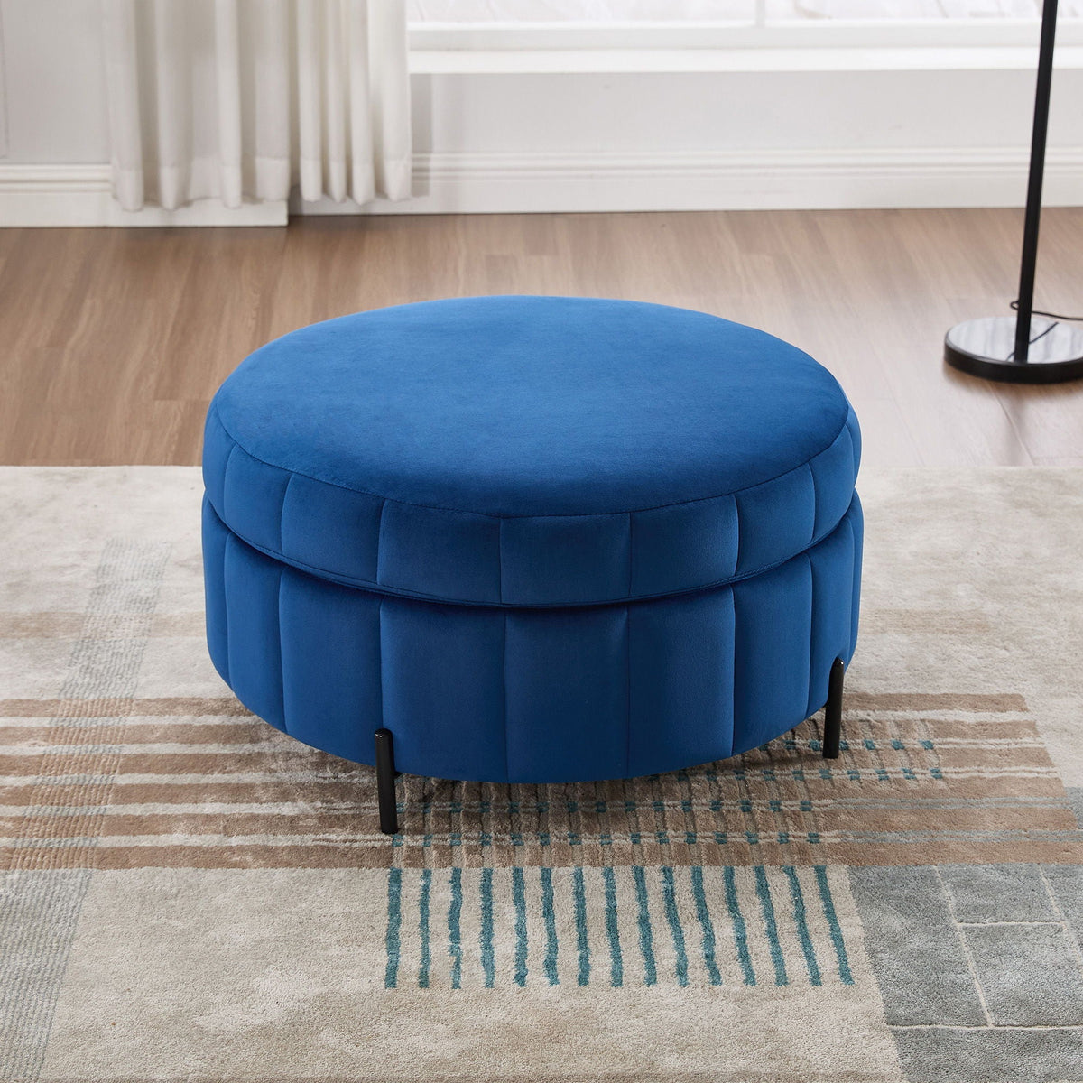Upholstered storage ottoman blue velvet with reversible lid and channel tufting HouseOfZazla on Tampa Home & Garden Store