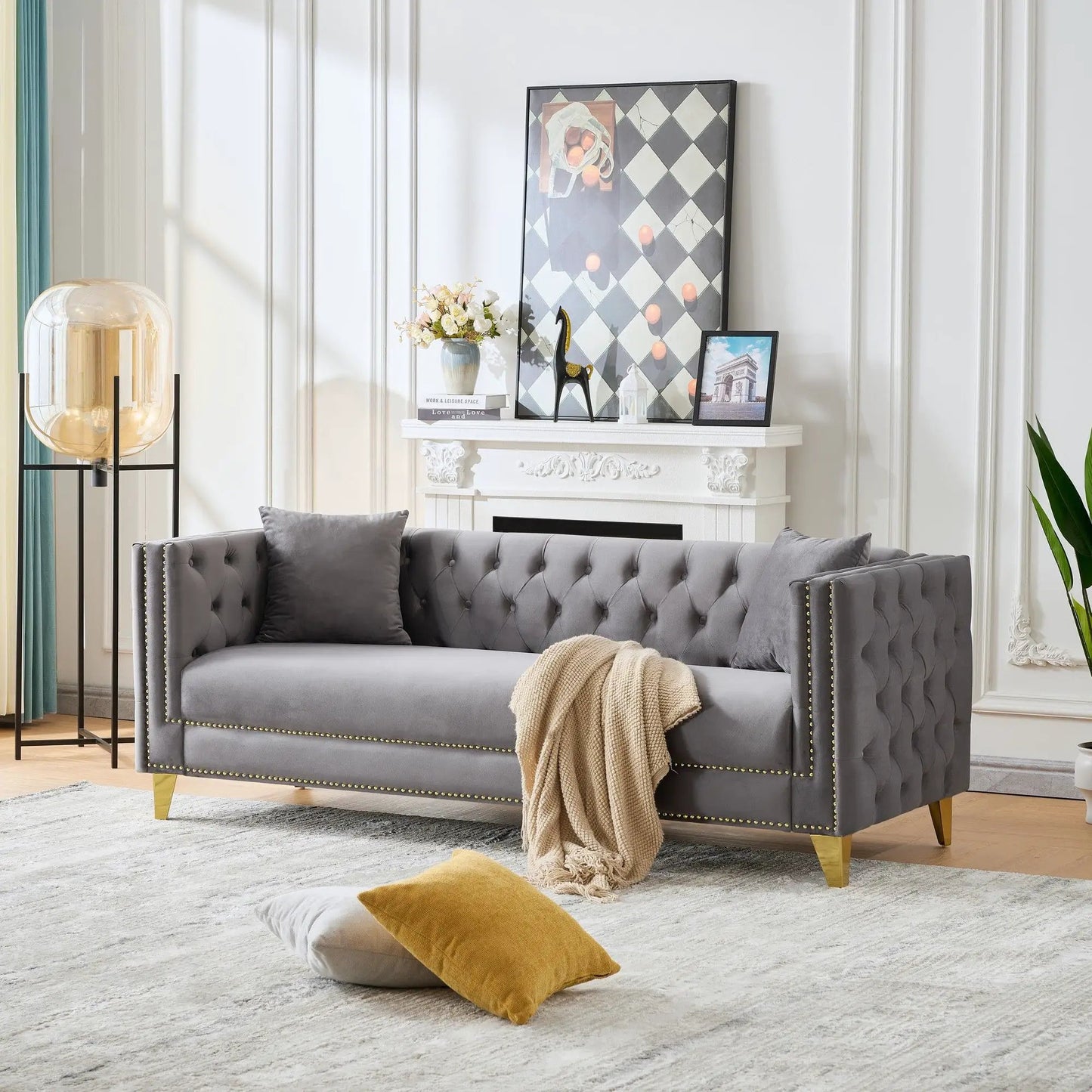 3 Seater Deep Seat Sofa with button nailhead and square arms in grey upholstery on Tampa Home & Garden Store