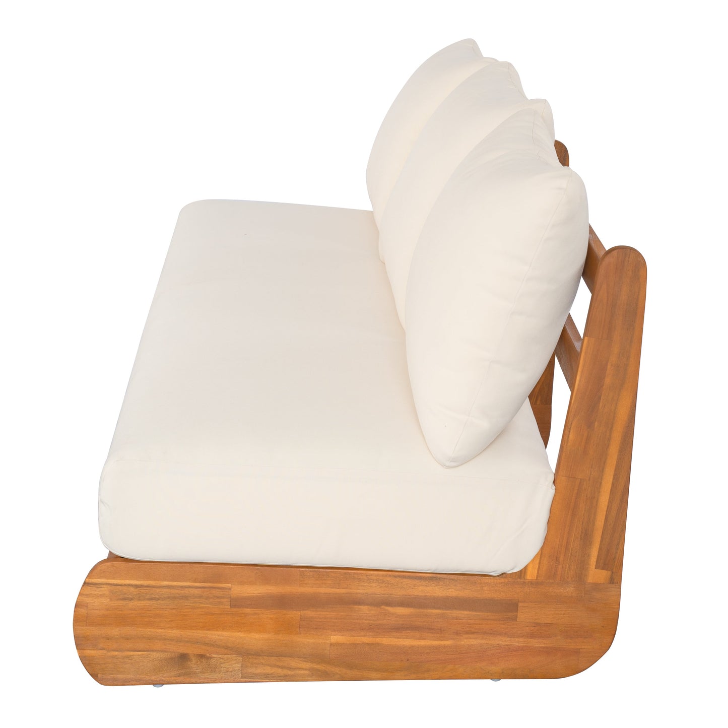 Outdoor Acacia Lazy 5 Seater Chat Set chair with cream cushions on wood frame HouseOfZazla on Tampa Home & Garden Store