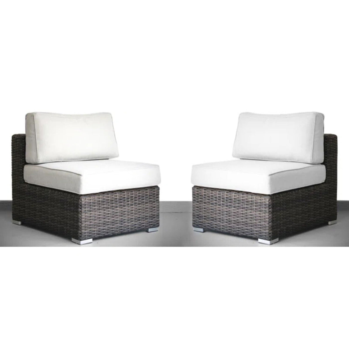Armless patio chair set of 2 with white cushions on dark brown wicker base on Tampa Home & Garden Store