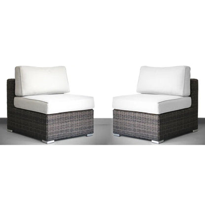 Armless patio chair set of 2 with white cushions on dark brown wicker base on Tampa Home & Garden Store
