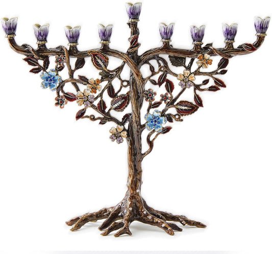 Elegant Hanukkah Menorah with Hand-Painted Flower Vine Design & Crystal Embellishments