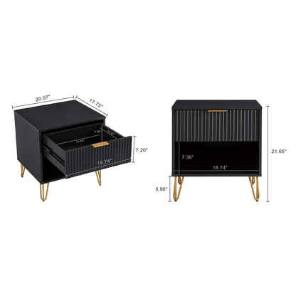 Modern nightstand with fluted drawer front, black finish, gold bar pull, gold hairpin legs on Tampa Home & Garden Store