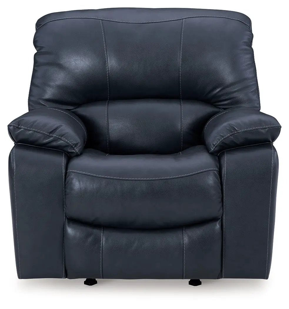 Leesworth Rocker Recliner navy leather by Unique Piece Furniture with plush back and padded arms on Tampa Home & Garden Store