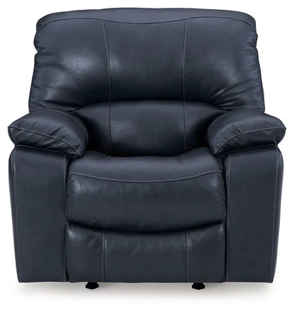 Leesworth Rocker Recliner navy leather by Unique Piece Furniture with plush back and padded arms on Tampa Home & Garden Store