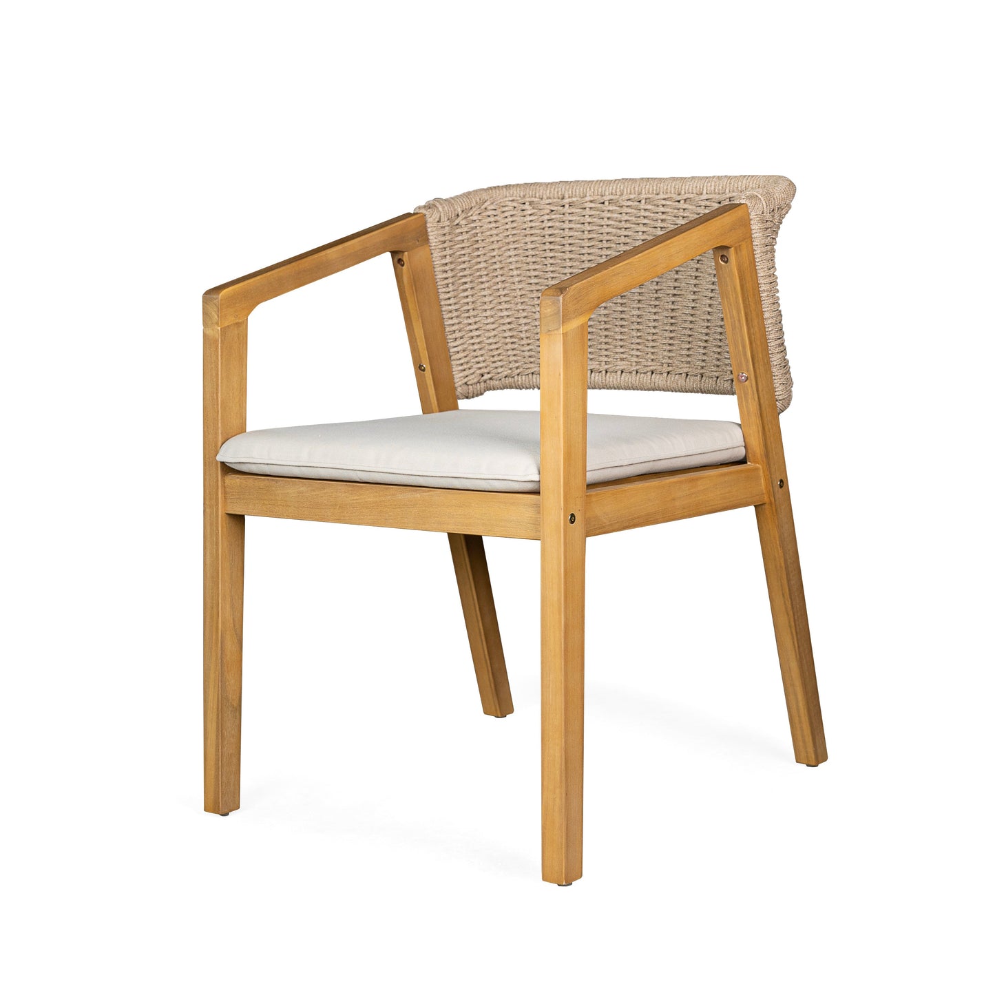 Acacia wood rope chair with beige cushion by HouseOfZazla, part of a 7-piece outdoor dining set on Tampa Home & Garden Store