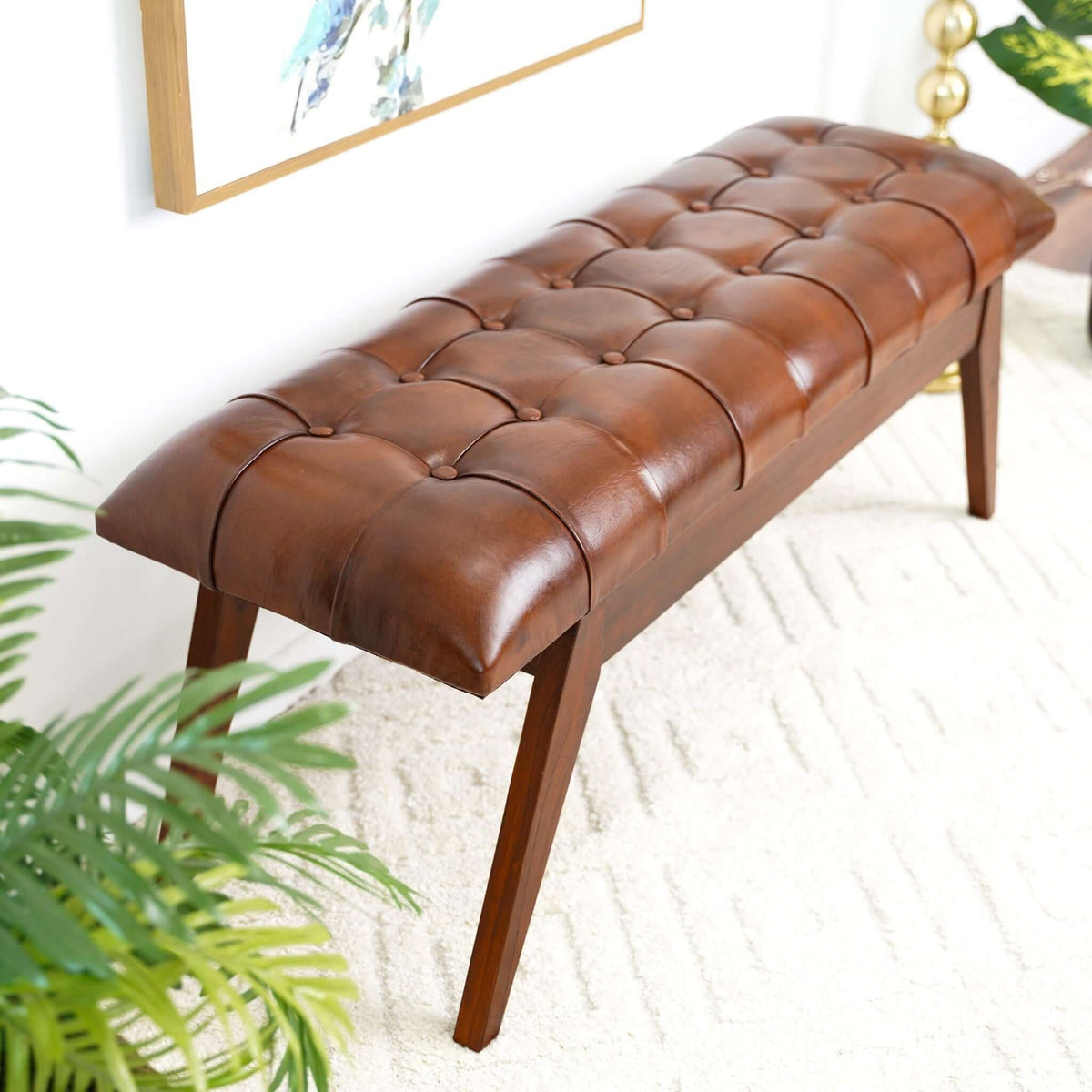 Cognac leather tufted upholstered bench with solid wood frame dark brown HouseOfZazla on Tampa Home & Garden Store