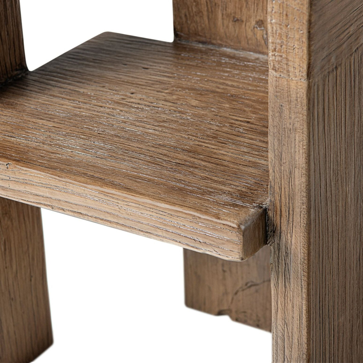 Sculptural Block Accent Chair leg detail in brown reclaimed elm, HouseOfZazla armchair on Tampa Home & Garden Store