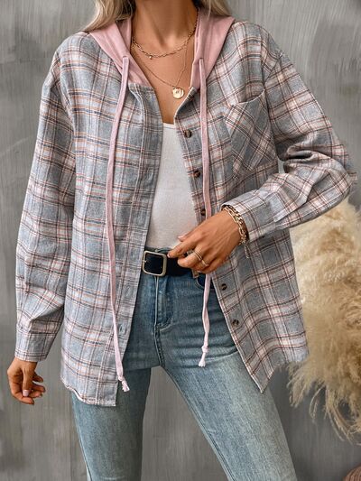 Plaid buttoned hooded jacket for women pink drawstrings Stevvex on Tampa Home & Garden Store
