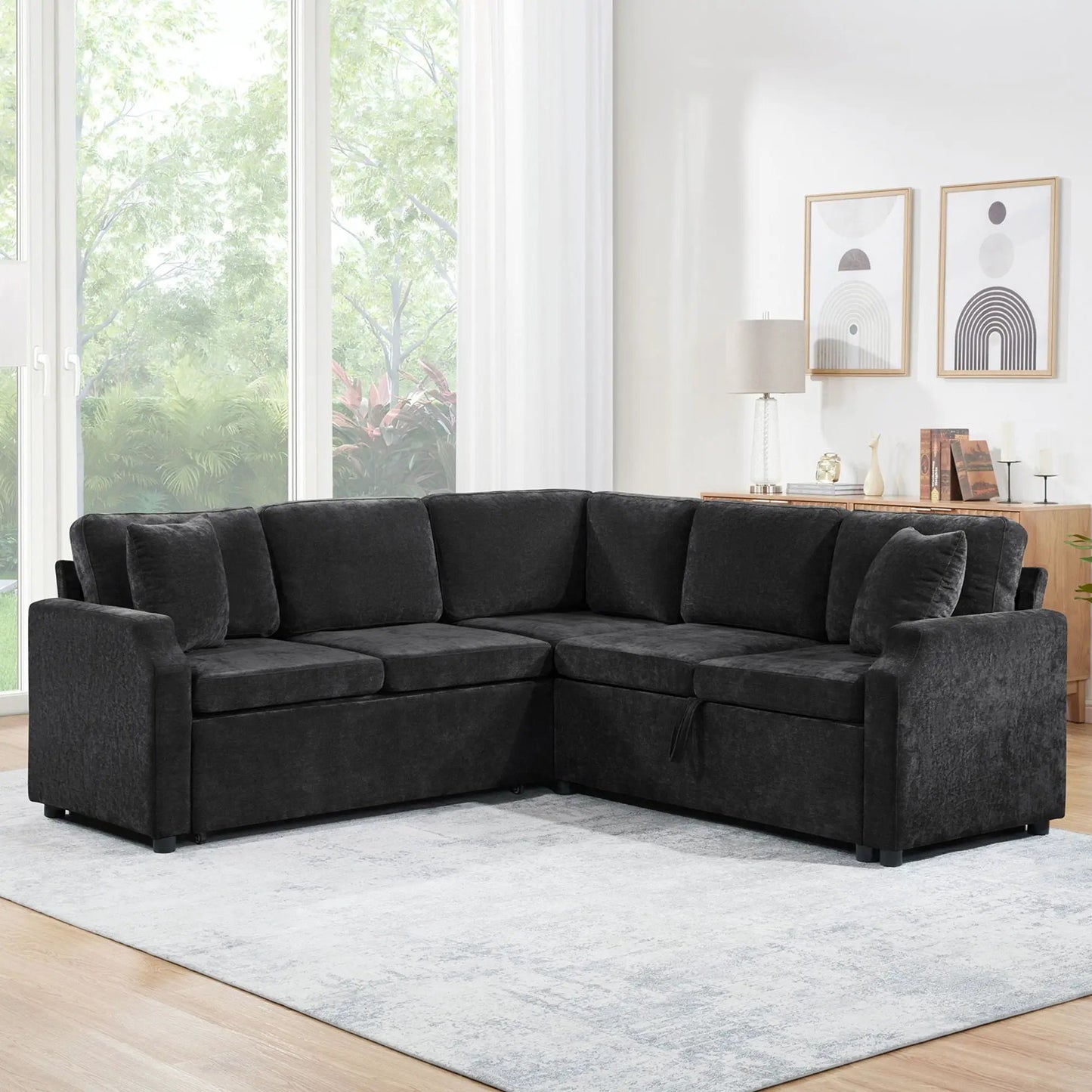 Modern L-shaped sleeper sectional with hidden storage in black upholstery by Unique Piece on Tampa Home & Garden Store