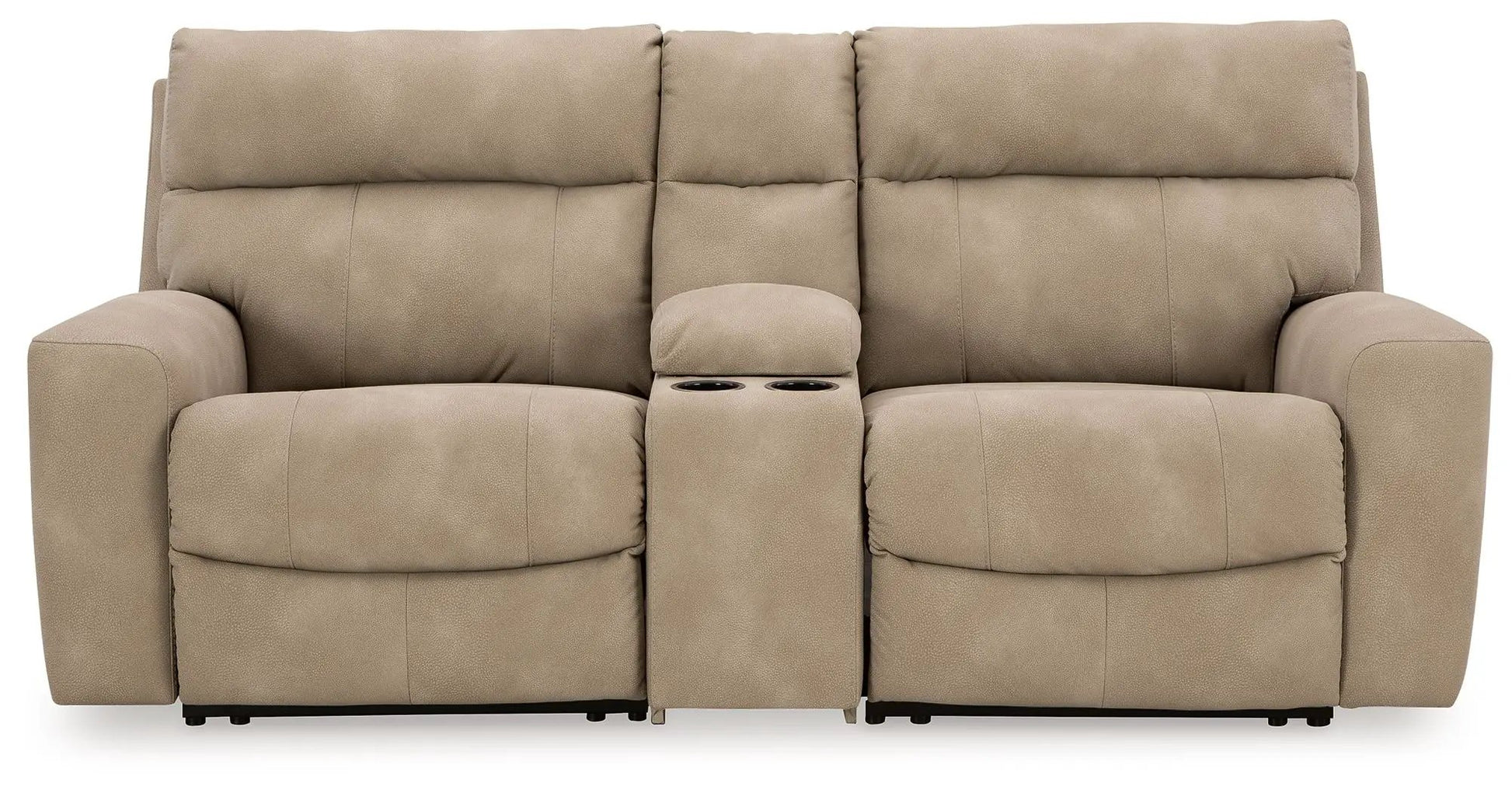 Next-Gen Durapella reclining sectional in beige fabric with center console and cup holders on Tampa Home & Garden Store