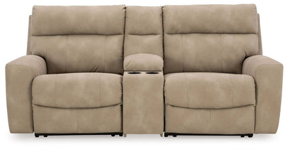 Next-Gen Durapella reclining sectional in beige fabric with center console and cup holders on Tampa Home & Garden Store