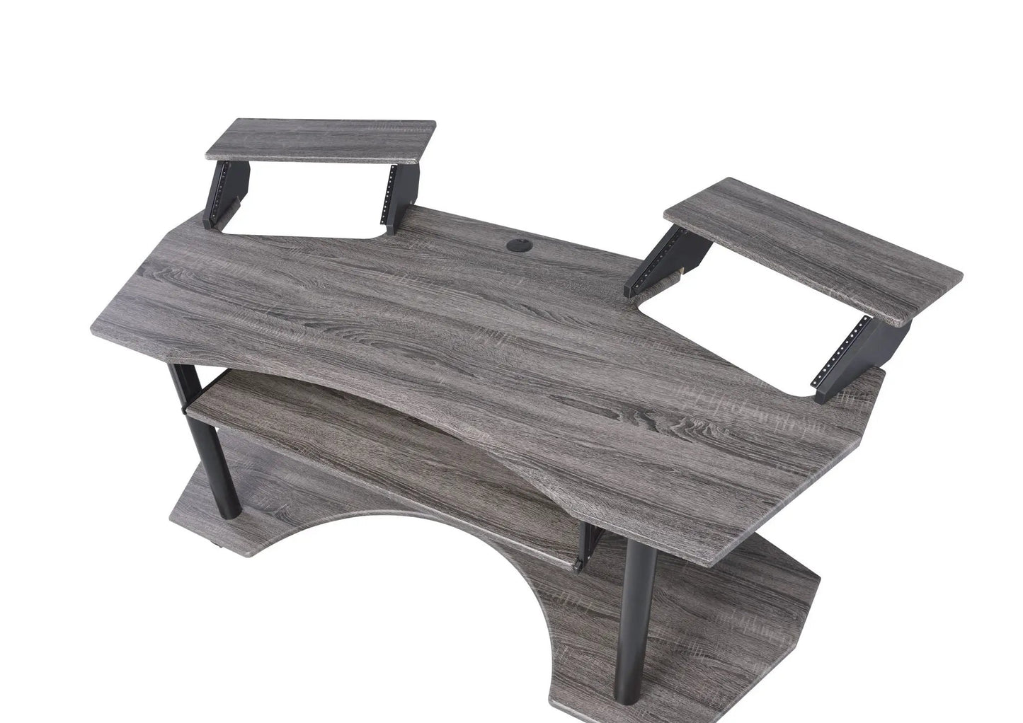 Eleazar music recording studio desk in gray wood finish with dual raised shelves on Tampa Home & Garden Store