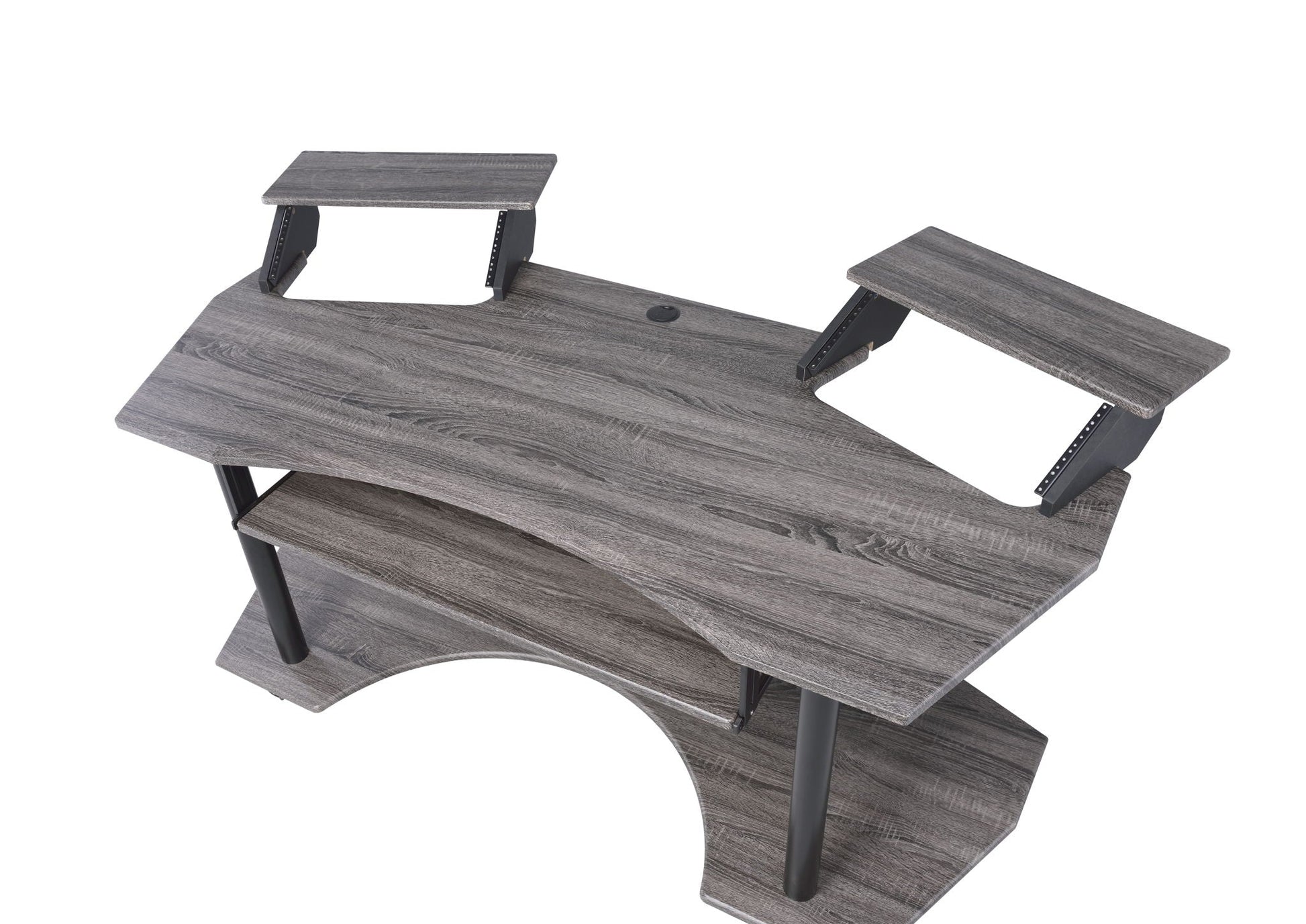 Eleazar Music Recording Studio Desk Wood with elevated shelves gray woodgrain finish grommet on Tampa Home & Garden Store