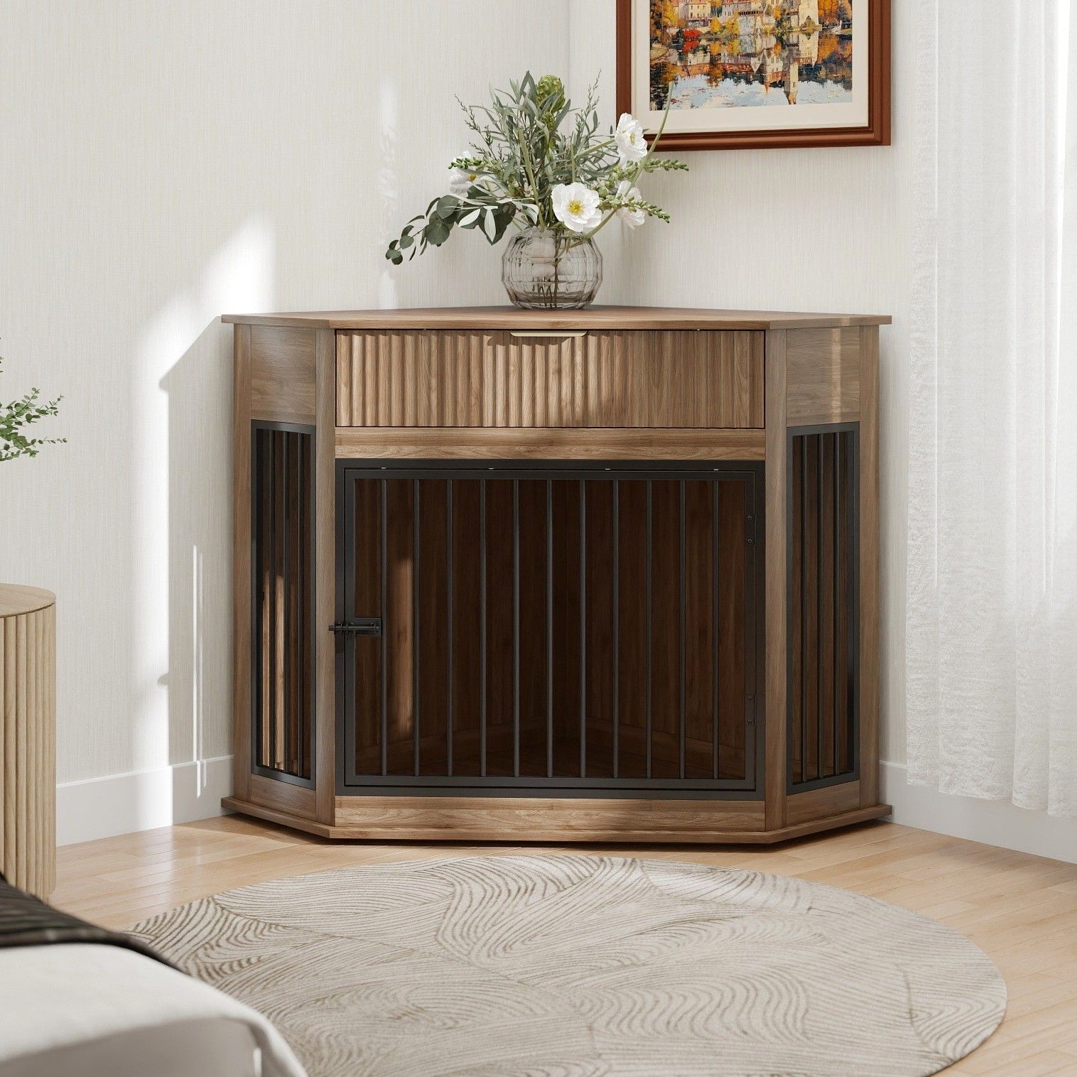 Corner Dog Crate furniture cabinet in natural wood with black metal bars on Tampa Home & Garden Store