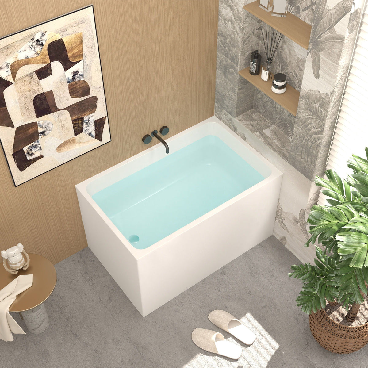 Modern glossy white freestanding acrylic bathtub by HouseOfZazla with black faucet in chic bath on Tampa Home & Garden Store
