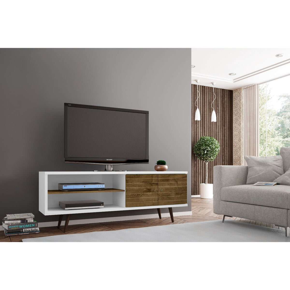 Liberty TV Stand with solid wood splayed legs, white frame and natural wood drawers on Tampa Home & Garden Store