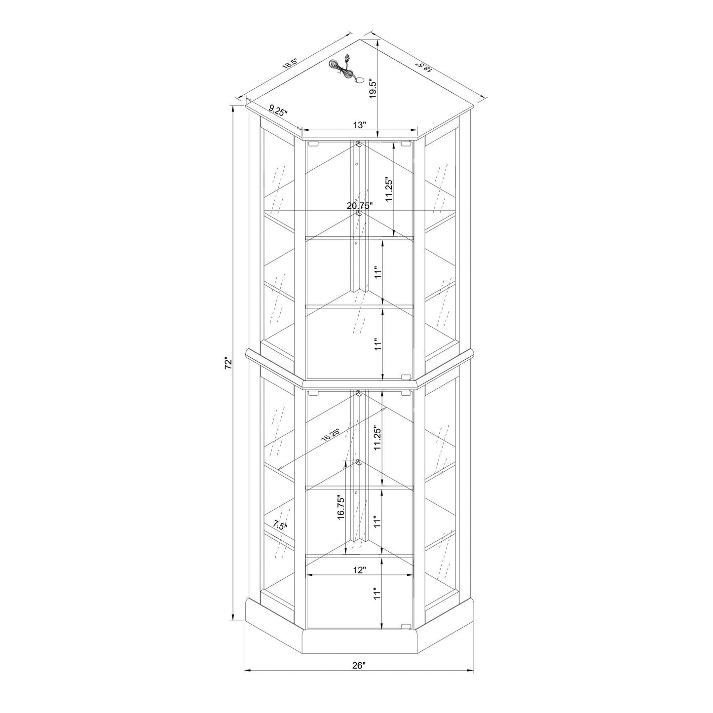 6-shelf corner curio display cabinet with lights, mirrors and adjustable shelves on Tampa Home & Garden Store