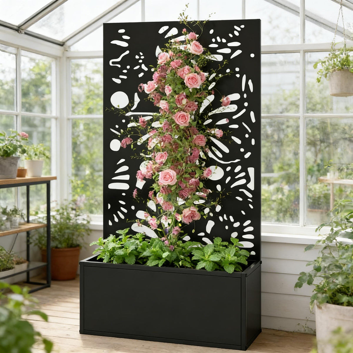 Stylish Plant Bed planter black with pink roses and greenery, freestanding or wall mounted on Tampa Home & Garden Store