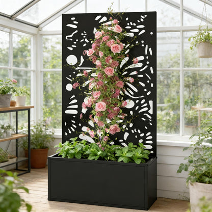 Stylish Plant Bed planter black with pink roses and greenery, freestanding or wall mounted on Tampa Home & Garden Store