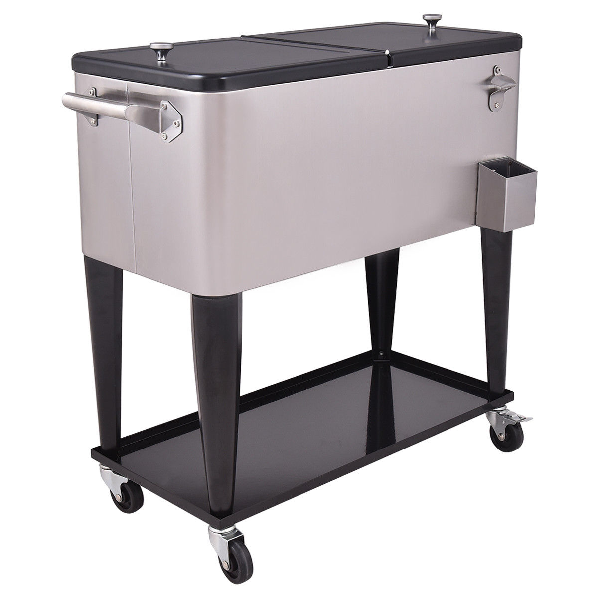 GemGear 80 Quart Rolling Stainless Steel Ice Beverage Cooler with wheels on black cart on Tampa Home & Garden Store