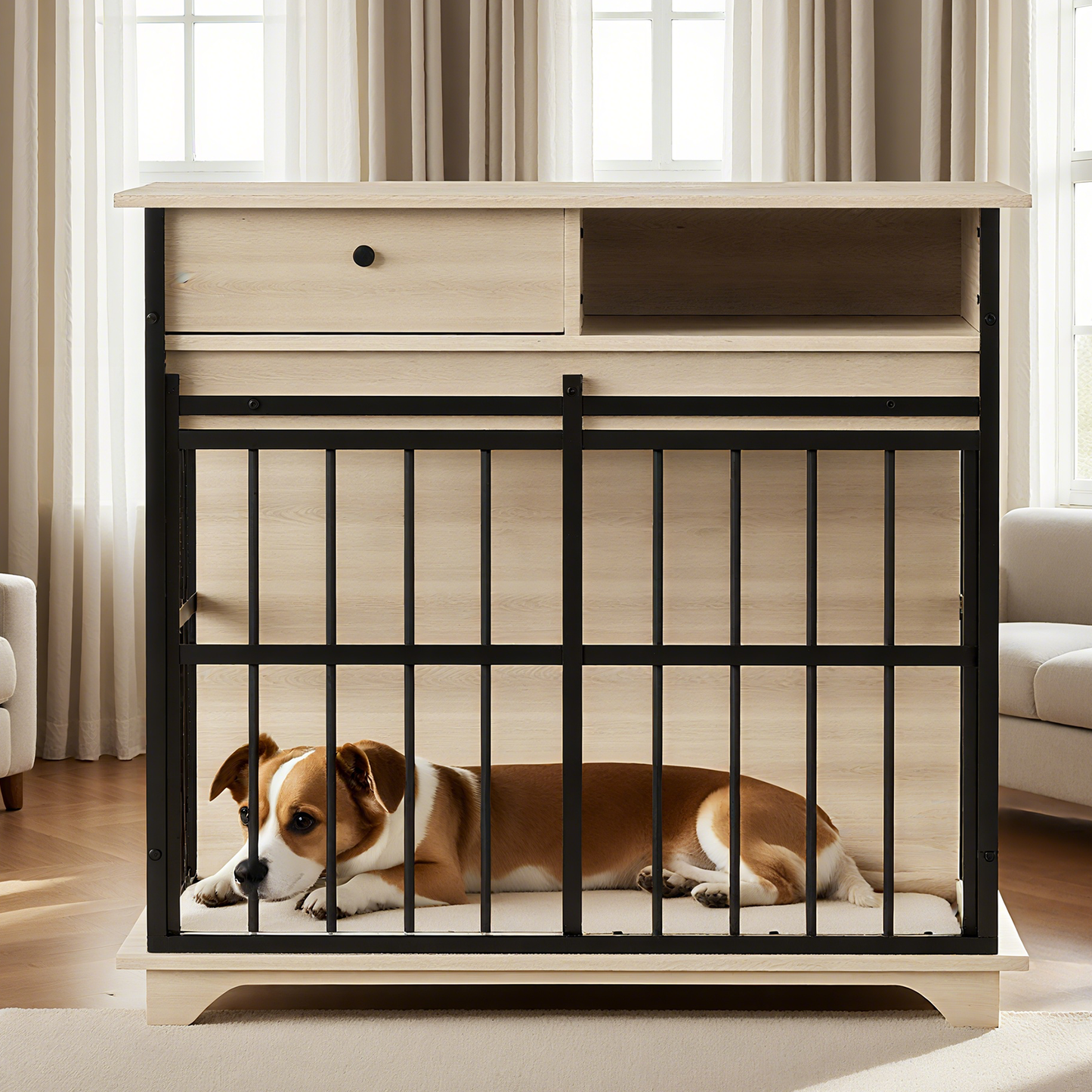 Dog Cage Furniture for Small Dogs by HouseOfZazla, wooden cabinet with black metal bars for pets on Tampa Home & Garden Store