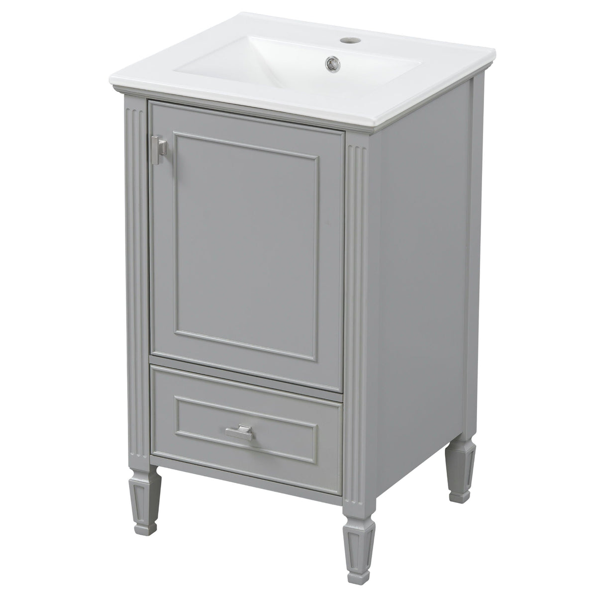 Retro gray vanity with white sink and decorative trim, door with drawer, soft-close doors on Tampa Home & Garden Store