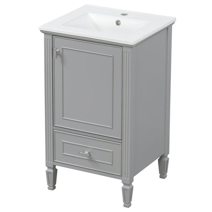 Retro gray vanity with white sink and decorative trim, door with drawer, soft-close doors on Tampa Home & Garden Store