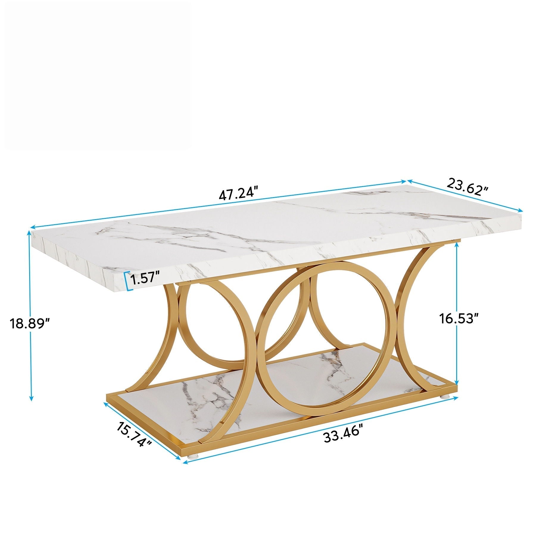 Rect coffee table white marble top with gold curved legs, 2-tier shelf, HouseOfZazla on Tampa Home & Garden Store