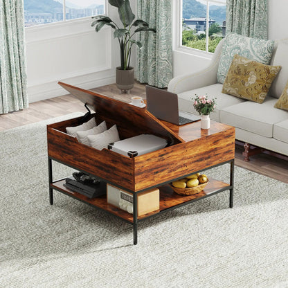 Rustic fliptop coffee table with hidden storage in brown wood and black metal frame in room on Tampa Home & Garden Store