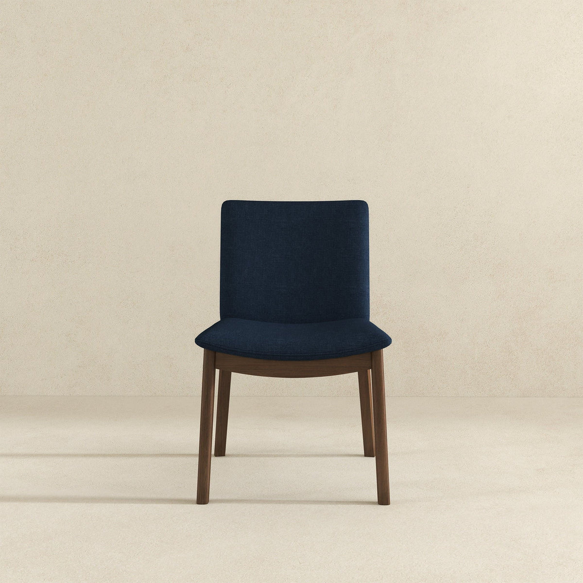 Mid-Century modern solid wood dining chair with navy fabric upholstery, one chair on Tampa Home & Garden Store
