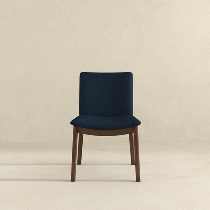 Mid-Century modern solid wood dining chair with navy fabric upholstery, one chair on Tampa Home & Garden Store