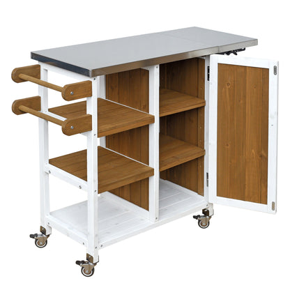 Foldable outdoor kitchen island with stainless steel top, white frame, and wooden shelves on casters on Tampa Home & Garden Store