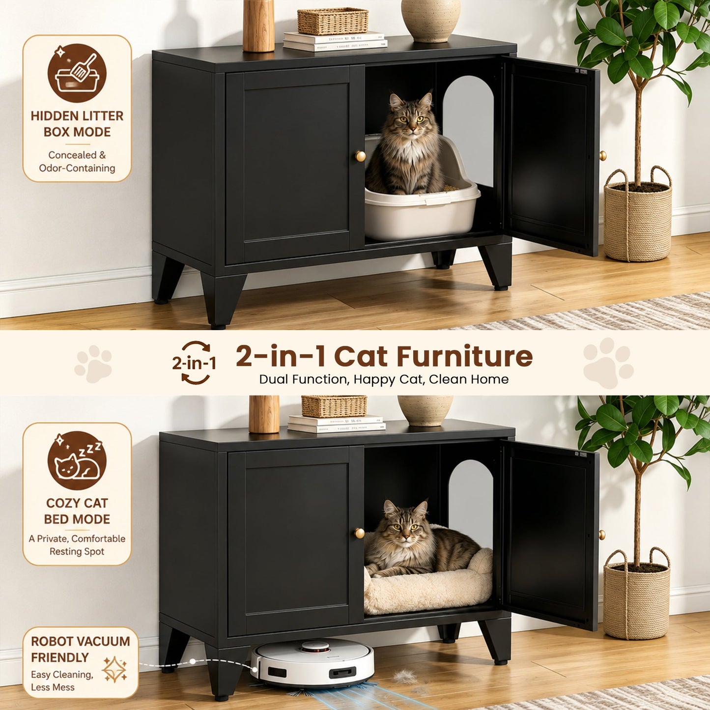 Black metal HouseOfZazla litter enclosure with hidden litter; cat inside, cozy bed in section on Tampa Home & Garden Store