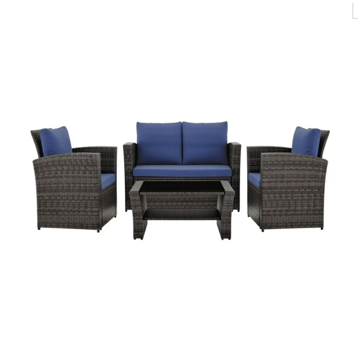 HouseOfZazla Modern wicker patio set with blue cushions; sofa, 2 chairs & coffee table on Tampa Home & Garden Store