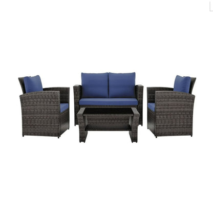 HouseOfZazla Modern wicker patio set with blue cushions; sofa, 2 chairs & coffee table on Tampa Home & Garden Store