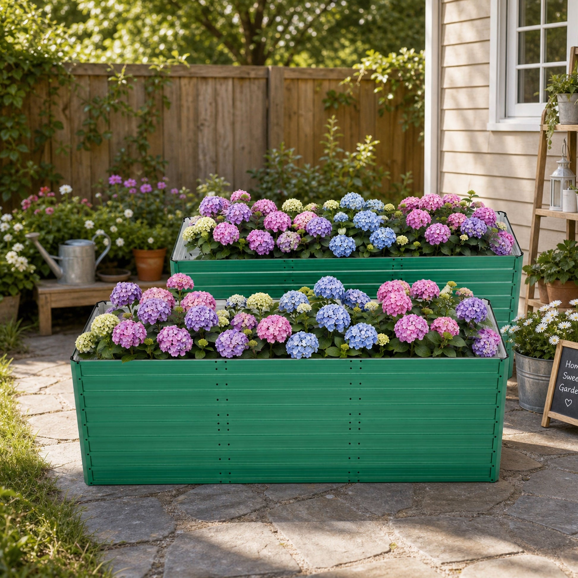2-pack raised garden beds in green with colorful hydrangea blooms on Tampa Home & Garden Store