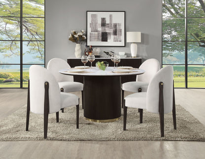 Clayten round dining table in marble top with espresso base, six white chairs on Tampa Home & Garden Store