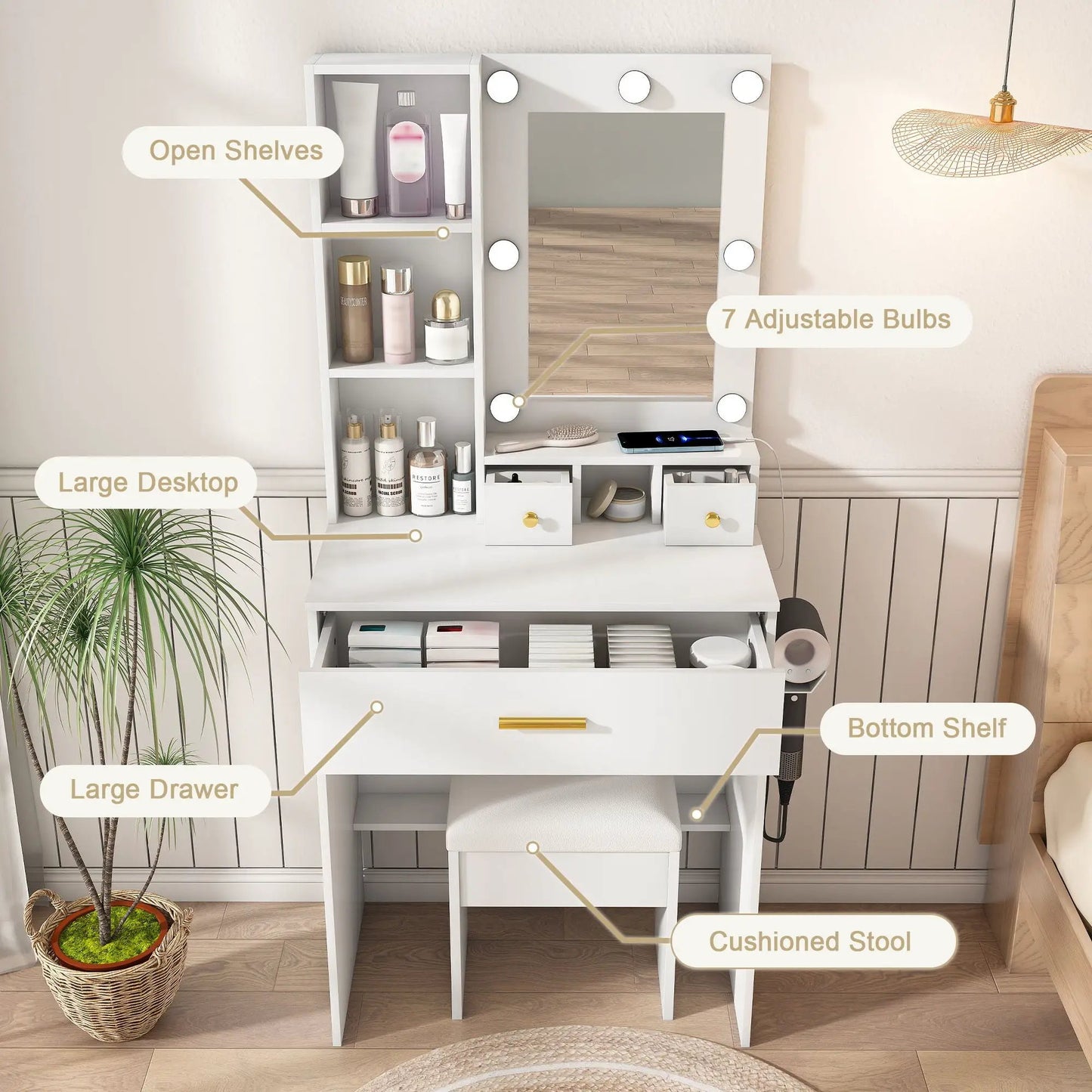 Vanity Table with Mirror and Hairdryer Holder