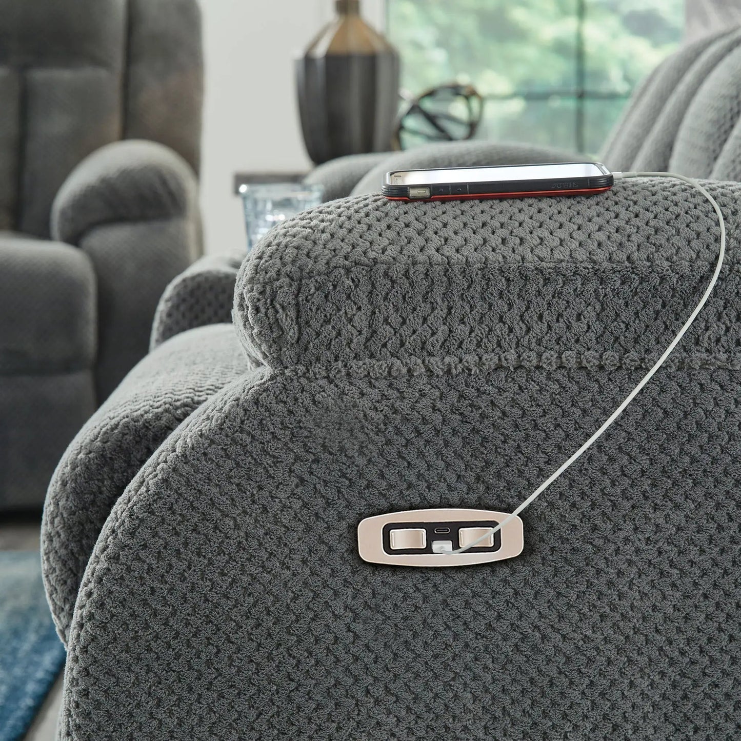 Observation Power Rocker Recliner steel-gray upholstery with built-in arm controls on Tampa Home & Garden Store