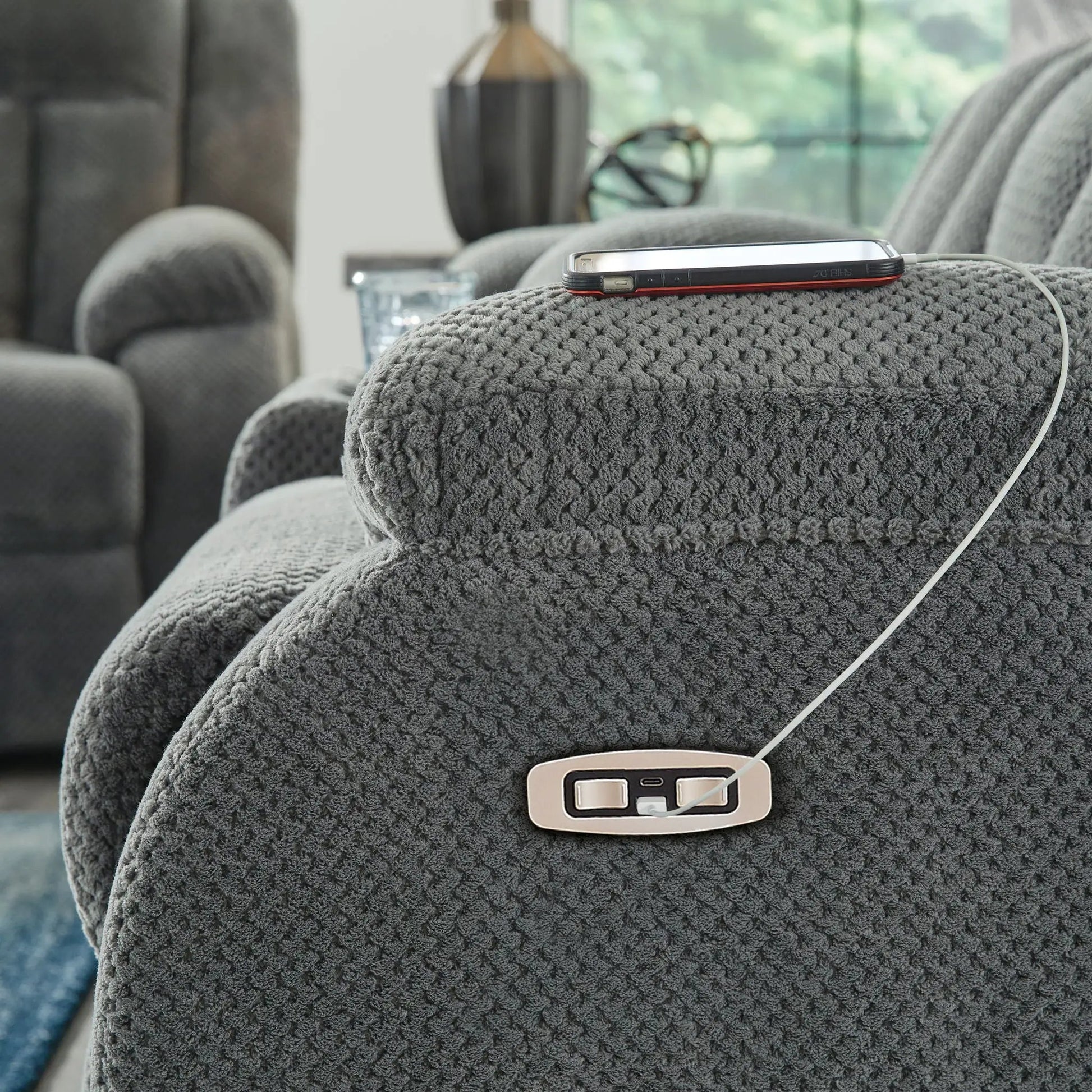 Observation Power Rocker Recliner steel-gray upholstery with built-in arm controls on Tampa Home & Garden Store