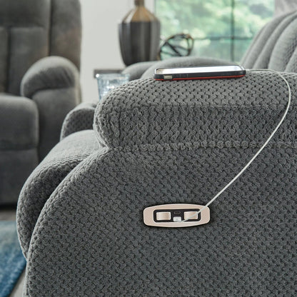 Observation Power Rocker Recliner steel-gray upholstery with built-in arm controls on Tampa Home & Garden Store