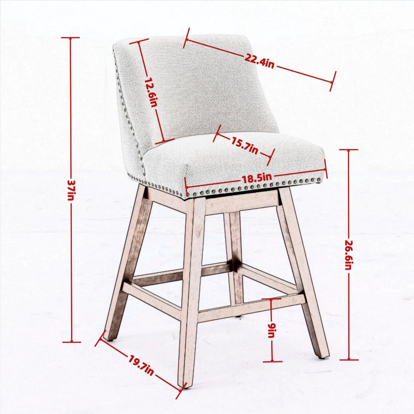 Counter-height swivel bar stool in light grey fabric with nailhead trim and wooden legs on Tampa Home & Garden Store