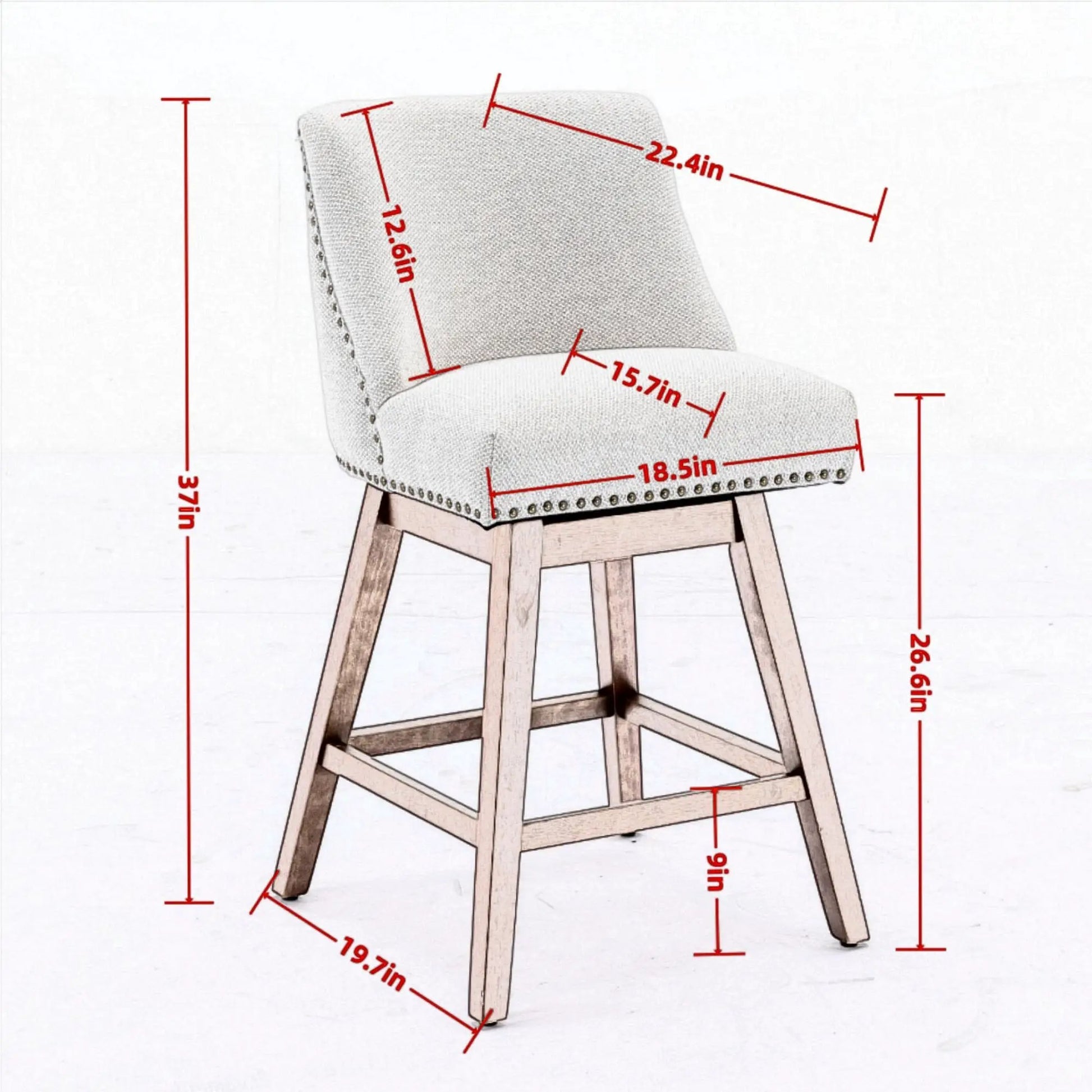 Counter-height swivel bar stool in light grey fabric with nailhead trim and wooden legs on Tampa Home & Garden Store