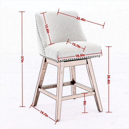 Counter-height swivel bar stool in light grey fabric with nailhead trim and wooden legs on Tampa Home & Garden Store