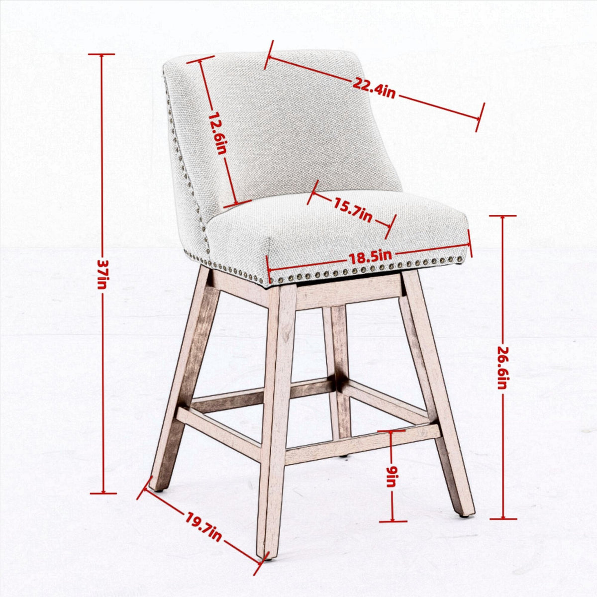 Counter height swivel barstools set of 2, gray upholstered with nailhead trim and wooden legs on Tampa Home & Garden Store