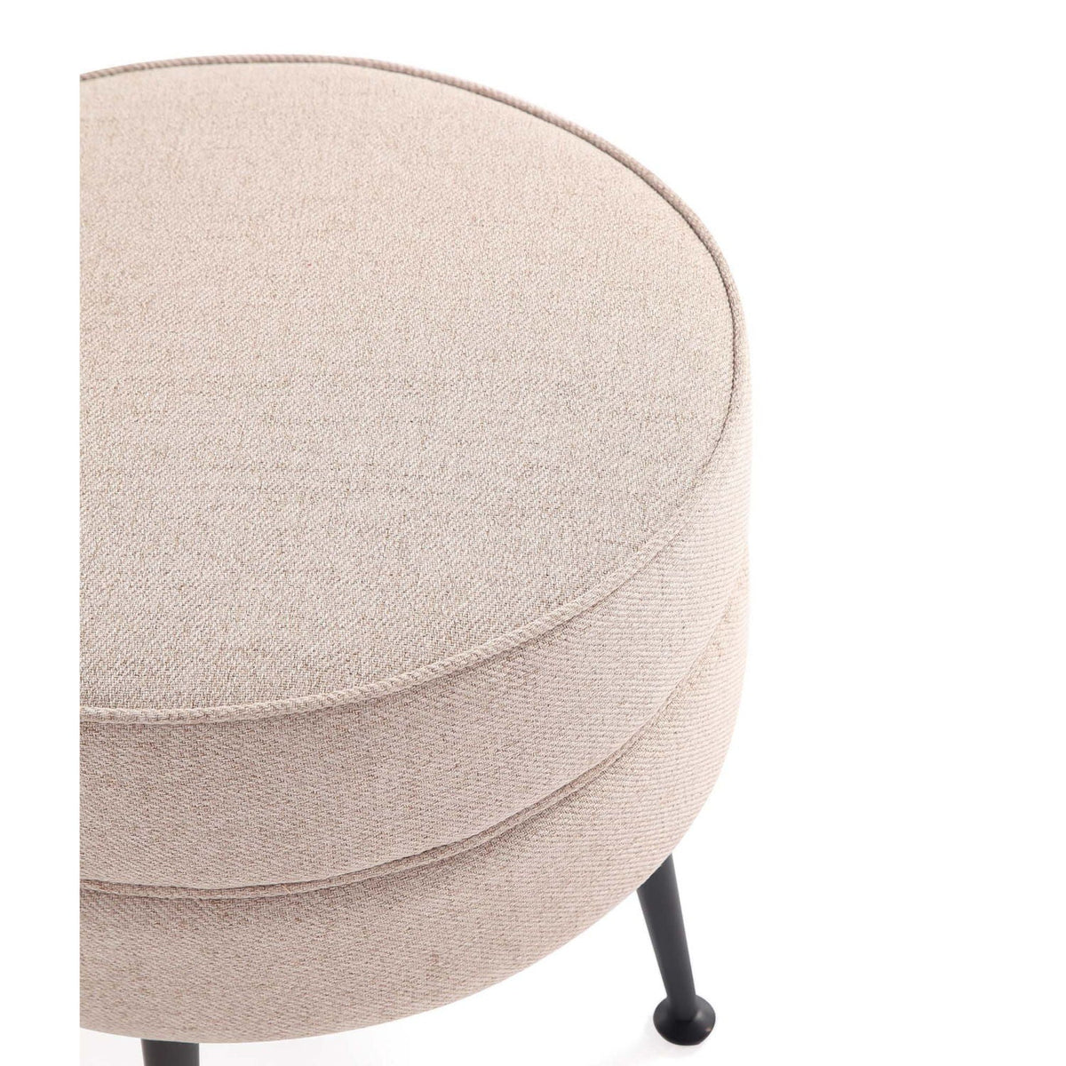 Bailey Accent Ottoman, round beige fabric upholstered ottoman with black metal legs, HouseOfZazla on Tampa Home & Garden Store