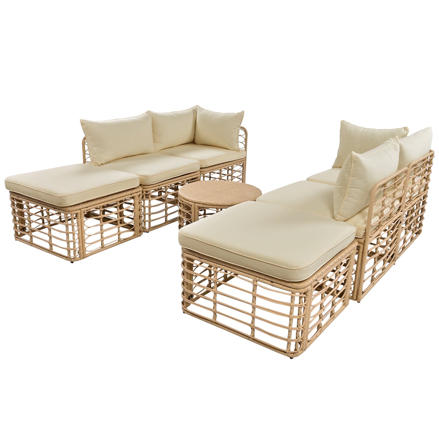 7-piece all-weather rattan outdoor sofa set with beige cushions and round coffee tables on Tampa Home & Garden Store